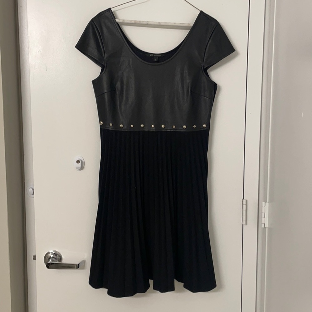 ARMANI EXCHANGE FAUX LEATHER DRESS WITH PLEATED SKIRT AND STUDS